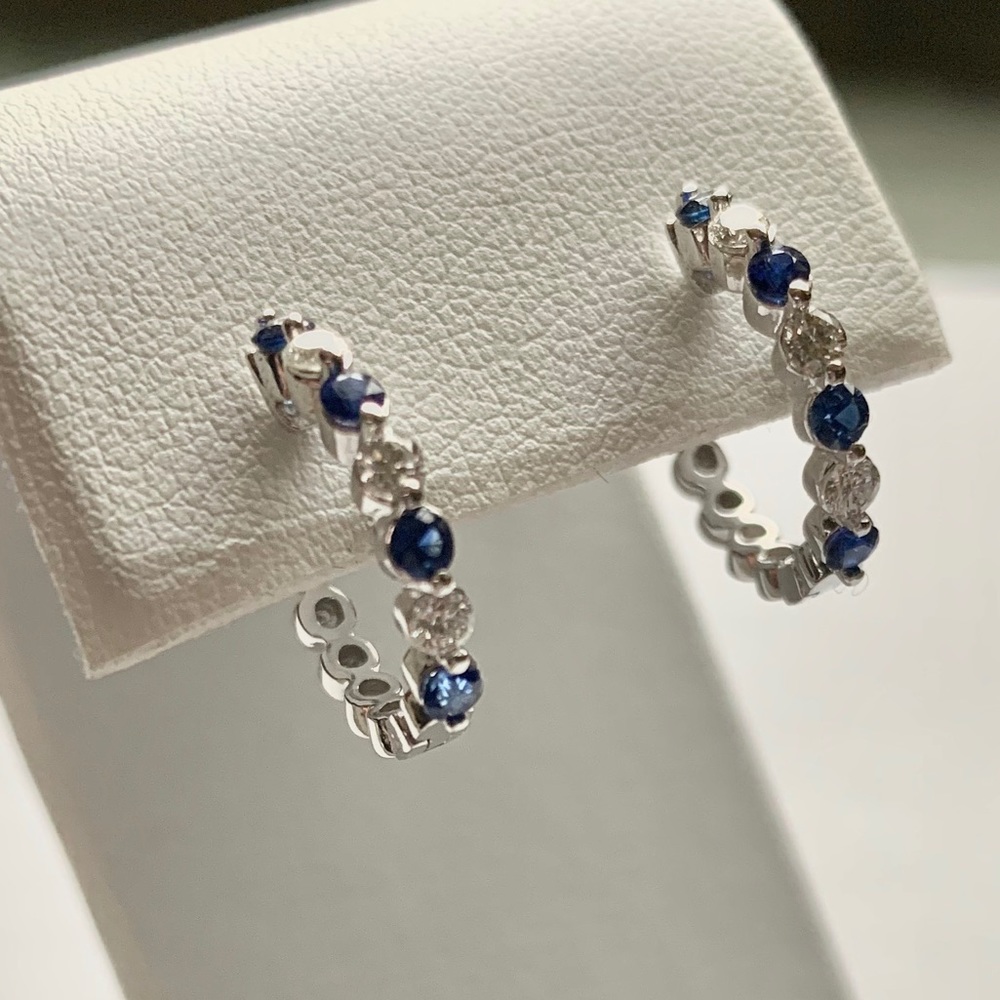 Natural Sapphire and Diamond 14K Hoop Earrings. Old World Quality. Jabel&!USA